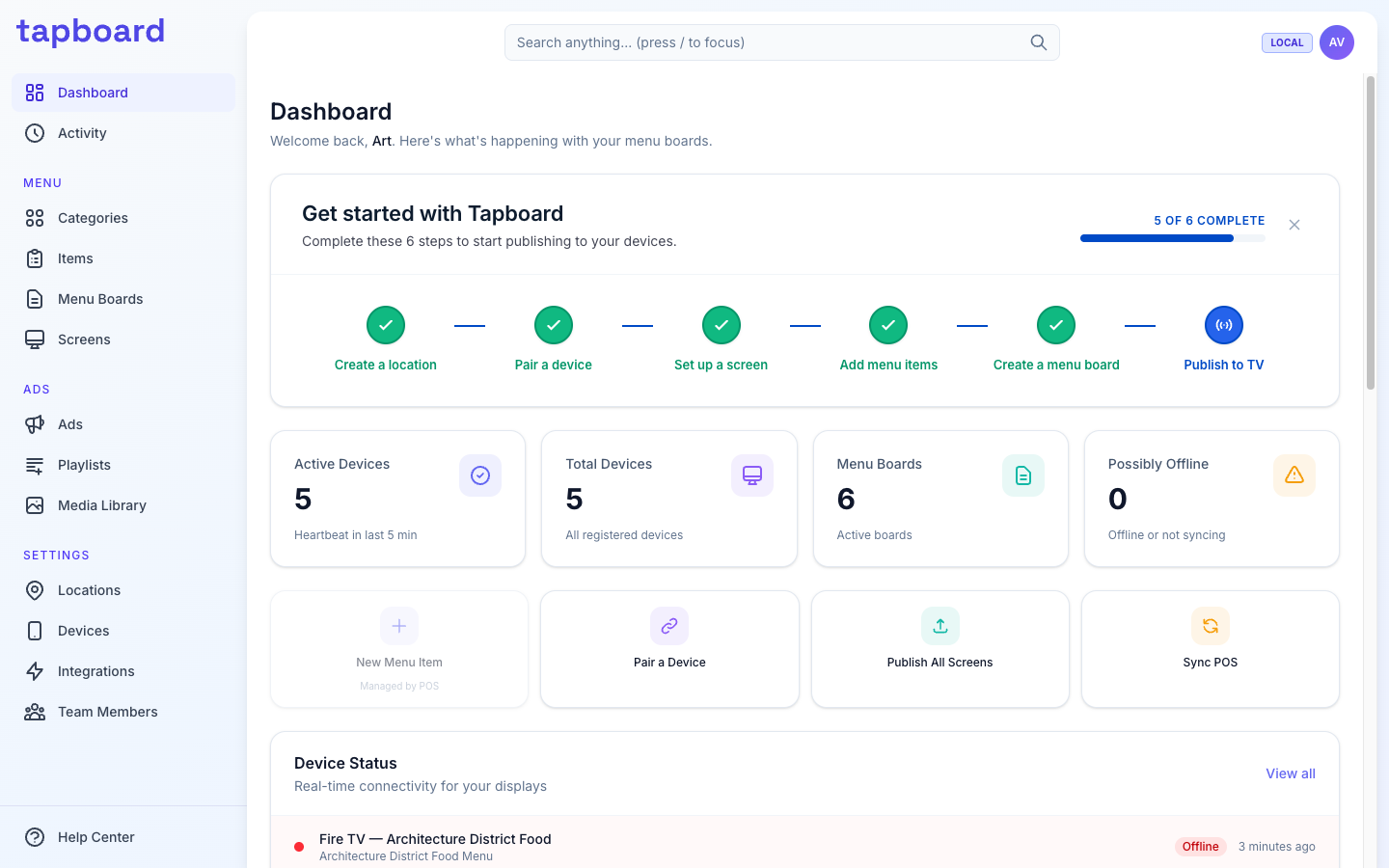 The Tapboard dashboard, where menus and boards are edited